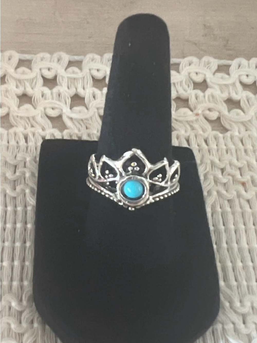 Sterling-Style Silver Lotus Ring with Turquoise Center size 6 30p1